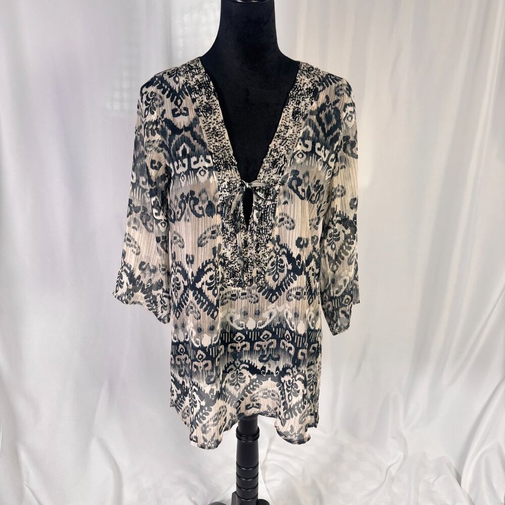 Sheer Beaded V-Neck Top With Tie & 3/4 Sleeves By Ravinya Size S